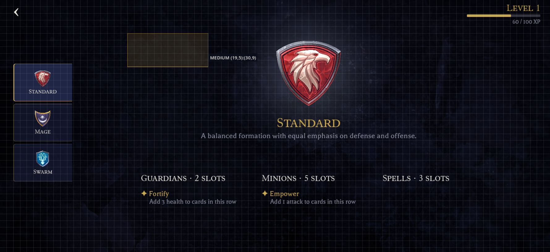 The dev grid overlay in MEDIUM mode, showing cell coordinates on hover