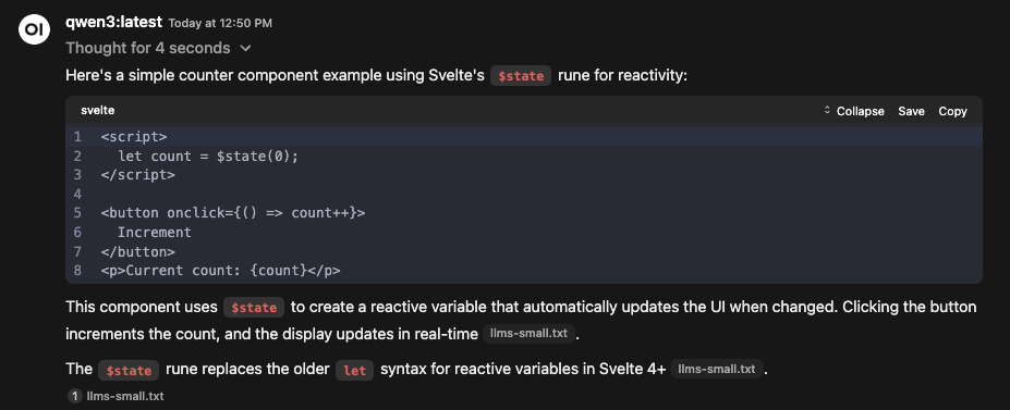 qwen3:8b referencing the Svelte documentation’s llms-small.txt file